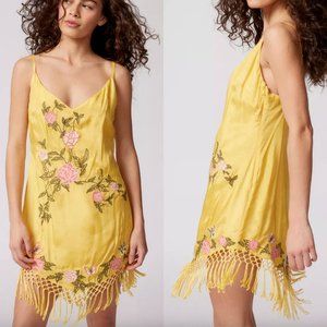 Urban Outfitters Carmen Embroidered Fringe Mini Dress Yellow sz small NWT